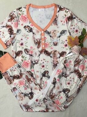 Womens Floral Cow Print Pajama Set - Peach Trim
